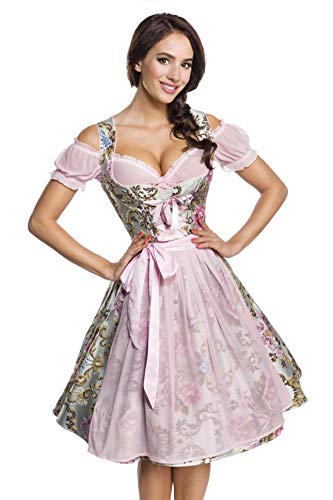 Midi Brokat Dirndl Set Tracht Tracht Sukienka Wiesn Oktoberfest Bluzka 36-46, ró?owy/wzorzysty, 3XL