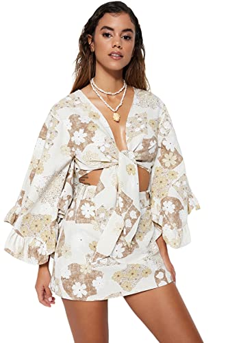 Trendyol Damska Regularna Basic V Neck Tkana Bluzka Koszula, Brązowy, 32