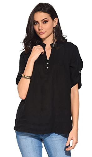 Bonateks damska top 100% lniana tunika Made in Italy, top zapinany na guziki z kołnierzem tunezyjskim i składany z przodu, czarna, rozmiar: XL, czarny, XL