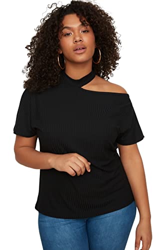Trendyol Damska bluzka plus size Regular Basic Crew Neck Knit Plus Size, Czarny, 4XL Duże Rozmiary