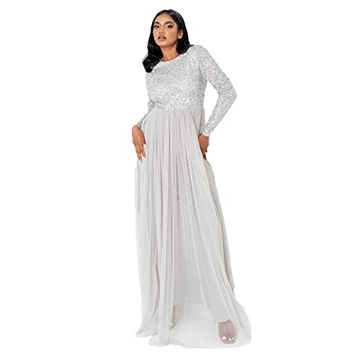 Maya Deluxe Maya zdobiona sukienka maxi z długim rękawem dla druhny, Delikatny szary, 38