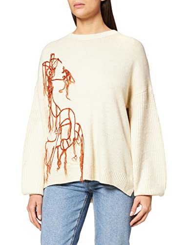 IPEKYOL Damska bluza z okrągłym dekoltem i wzorem konia Tasseled Knitwear, écru, L
