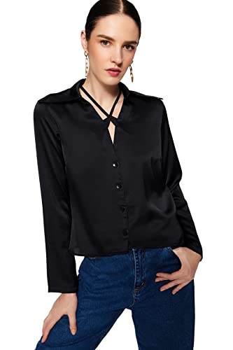 Trendyol Damska koszula o regularnym kroju z kołnierzykiem, Czarny, 34