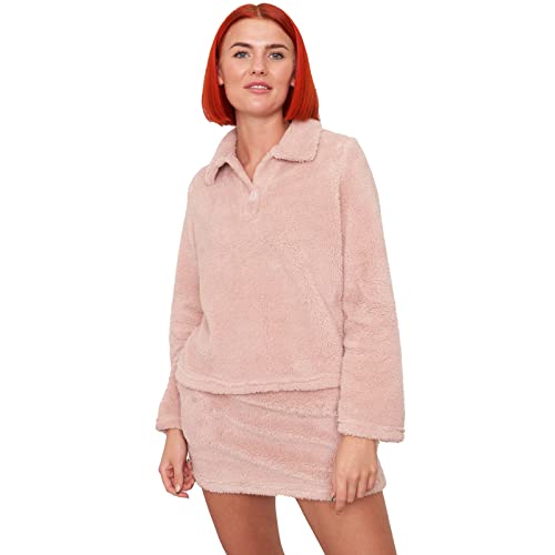 OHS Bluzka z długim rękawem Teddy Polar Kołnierz z guzikami w stylu polo Ciepły damski pluszowy pulower wygodny miękki przytulny strój domowy, różowy (Blush Pink), 36-38
