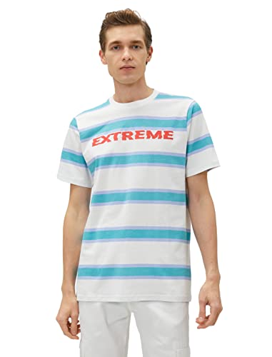 Koton Męski t-shirt z nadrukiem z nadrukiem Crew Neck Short Sleeve Cotton T-Shirt, Turkusowy pasek (6s8), S