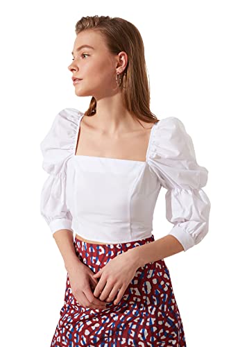 Trendyol Women's białe uchwyty Shirred Square bluzka z kołnierzem Blouse, biała, 34