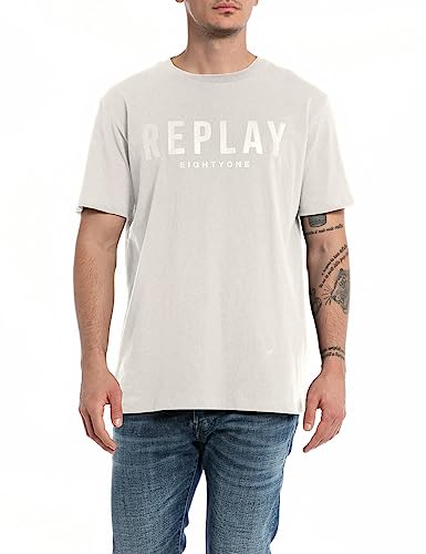 Replay Męski T-shirt z krótkim rękawem, okrągły dekolt, logo, biały (Platinum 012), S, Platinum 012, S