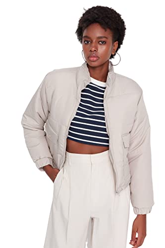 Trendyol Kołnierz ze stojącym hasłem, regularny płaszcz zimowy damski (1 opakowanie), szaro-beżowy, XS