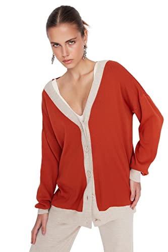 Trendyol Damski standardowy standardowy kardigan z dzianiny z dekoltem w serek, Brązowy, L