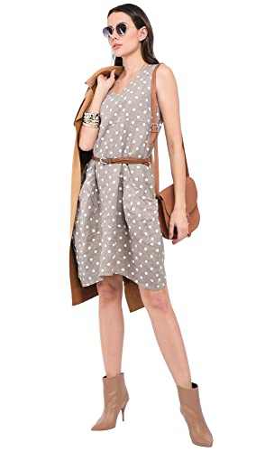 Bonateks damska sukienka 100% lniana Made in Italy, okrągły dekolt z kieszeniami i nadrukiem w kropki, szarobrązowa, rozmiar: XL, Szarobrązowy, XL