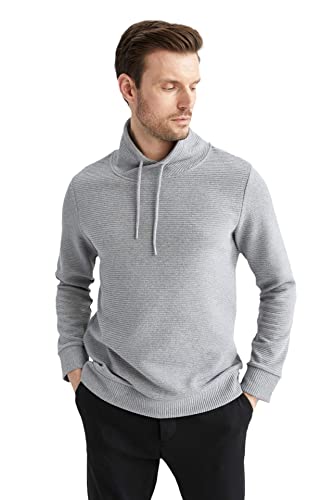 DeFacto Męski sweter z długim rękawem - okrągły dekolt bluza męska (szary melanż, M), szary melanż, M