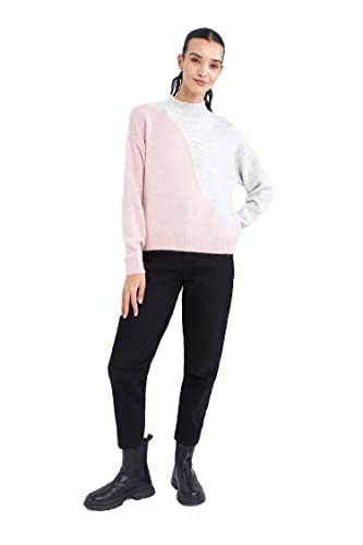 DeFacto Sweter normalny krój dla kobiet – sweter z golfem na topy damski (szary melanż, L), szary melanż, L