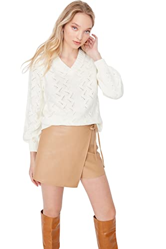Trendyol Damska bluza z dekoltem w serek, jednokolorowa, dopasowana bluza, Ecru, M