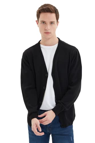 Trendyol Męski dekolt w serek z sloganem zwykły sweter kardigan, czarny, XL, Czarny, XL
