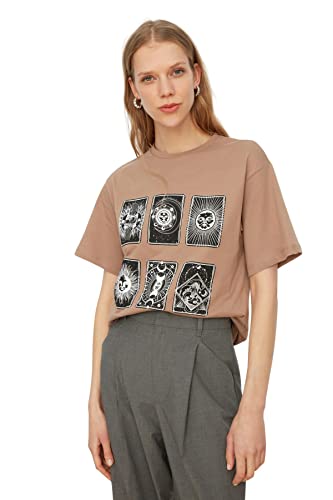 Trendyol Damska koszulka oversize z okrągłym dekoltem, Kolor norek, S