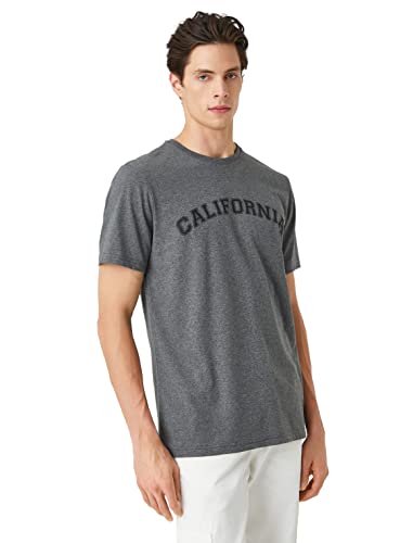 Koton Koszulka męska Varsity z nadrukiem, z okrągłym dekoltem, krój slim fit, szary (044), M