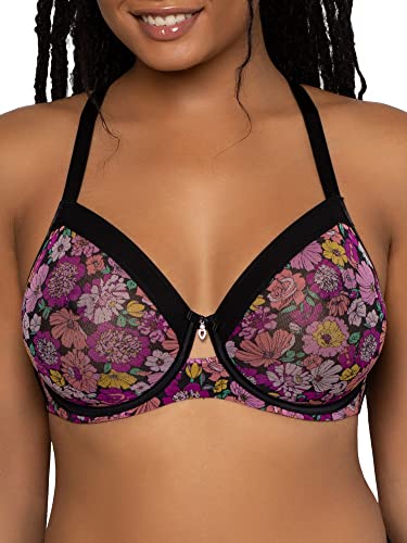 Curvy Couture Damski biustonosz z przezroczystą siateczką bez podszewki z fiszbinami, retro róże, 34F
