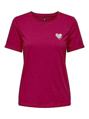 Bestseller A/S Onlkita S/S Logo Top Noos koszulka damska, Cerise/Print: Silver Glitter Heart, XXS