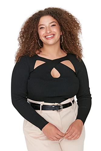 Trendyol Damska bluza z dekoltem w serek jednokolorowa bodycon plus size, czarna, 4XL, Czarny