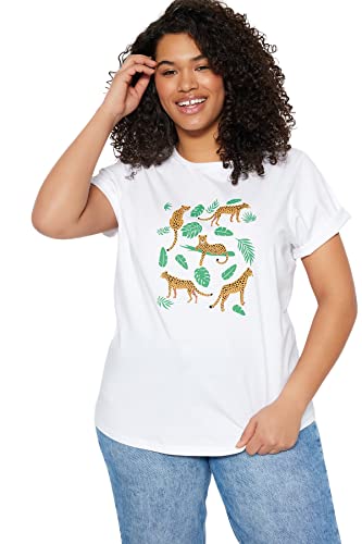 Trendyol Damska koszulka z dzianiny o regularnym kroju z okrągłym dekoltem w rozmiarze plus size, biała, 3XL, biały, 3XL