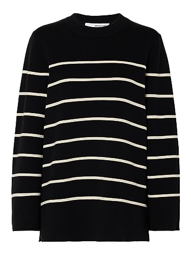 SELECTED FEMME Damski sweter z dzianiny oversize, Czarne/paski: brzoza, L