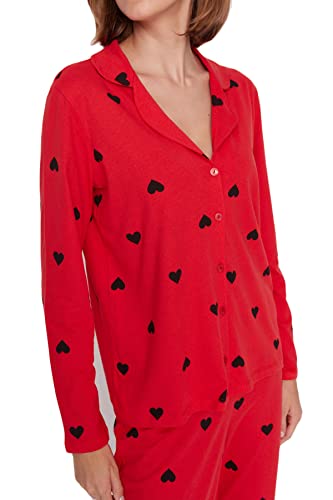 Trendyol Damska koszulka z dzianiny w kształcie serca - spodnie piżamowe, Czerwony, M