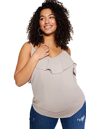 Trendyol Damska bluzka o regularnym kroju Basic Scoop Neck Woven Plus Size Bluzka Koszula, BEŻOWY, 42-Du?e rozmiary
