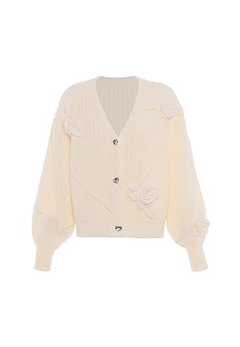 faina Damski sweter z dekoltem w serek, trójwymiarowy szydełkowany kwiat, biały, rozmiar XL/XXL, biały (wollweiss), XL