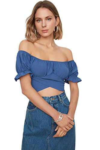TRENDYOL Damska koszula damska typu regular off-Shoulder Carmen Collar Woven Blouse, indygo, 34