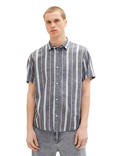 TOM TAILOR Denim Męska koszula z krótkim rękawem w paski z lnu, 32129 - Navy Big Stripe, L