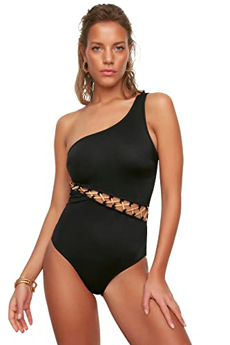 Trendyol Women's Bie szczegółowy kostium kąpielowy na ramię, jednoczęściowy strój kąpielowy, czarny, 36