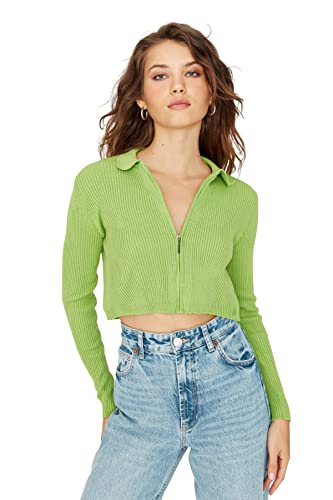 Trendyol Damski sweter z dekoltem polo gładki wąski kardigan, jasnozielony, M, Jasnozielony, M
