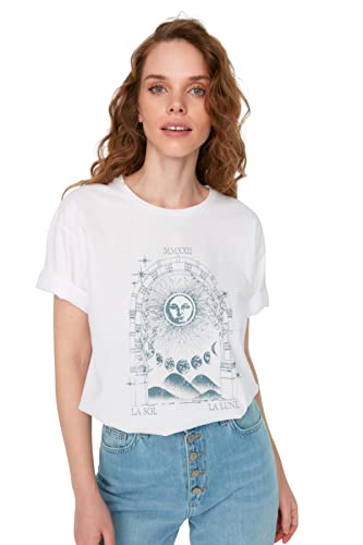 Trendyol Damska koszulka oversize z okrągłym dekoltem, biały, XS