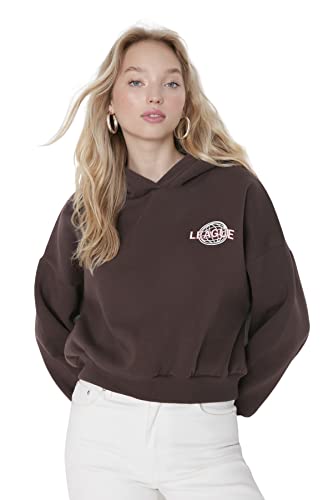 Trendyol Damska bluza z kapturem o regularnym kroju basic, Brązowy, XL