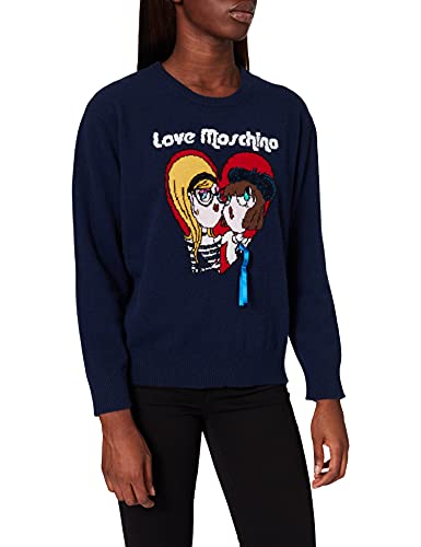 Love Moschino Damska bluza z okrągłym dekoltem, z motywem lalek Intarsia and Sequin Accents, ciemnoniebieski, 42