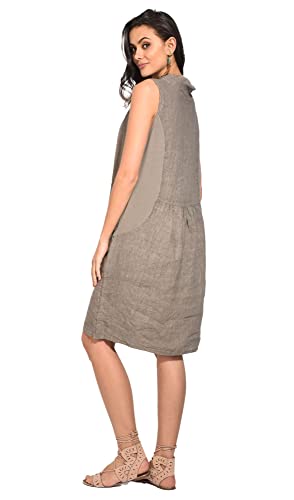 Bonateks damska sukienka 100% lniana Made in Italy, sukienka o średniej długości z okrągłym dekoltem i odkrytymi ramionami, przezroczysta khaki, rozmiar: XL, Khaki Claire, XL