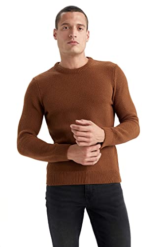 DeFacto Męski sweter z dzianiny z długim rękawem okrągły dekolt - slim fit sweter dla mężczyzn topy (kamelowy, XL), piaskowy, XL