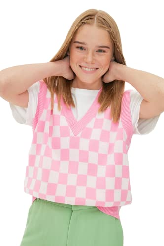 Trendyol Damska kamizelka z dekoltem w serek, w kratę, różowa, L, różowy, L