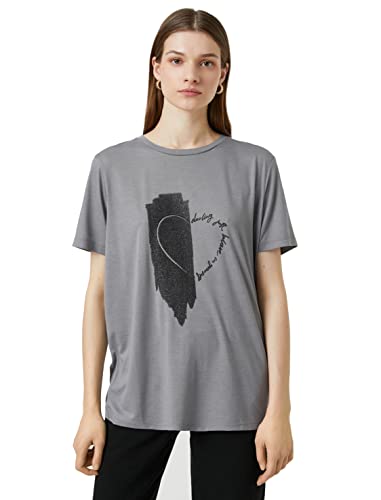 Koton Damska koszulka z nadrukiem Silvery Short Sleeve Relax Fit, Szary (031), S