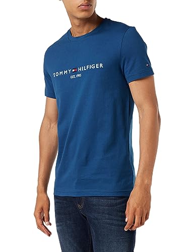 Tommy Hilfiger T-shirt męski Tommy Logo Tee z okrągłym dekoltem Slim Fit, Deep Indigo, L