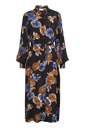 Damska koszula KAFFE Maxi Tie Waist Printed Długi rękaw, Czarny/brązowy/duży kwiat, 36
