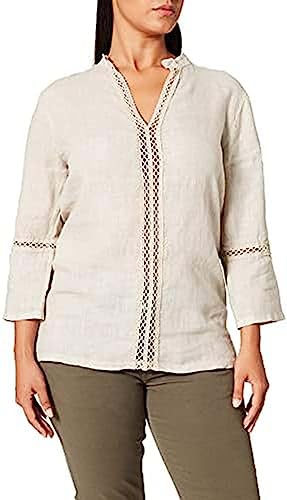 Bonateks, Tunezyjska tunika z kołnierzem z koronką i rękawami 3/4, 100% len, rozmiar DE:42, rozmiar US: XL, topy, pustynia - wyprodukowano we Włoszech, beżowy, 42
