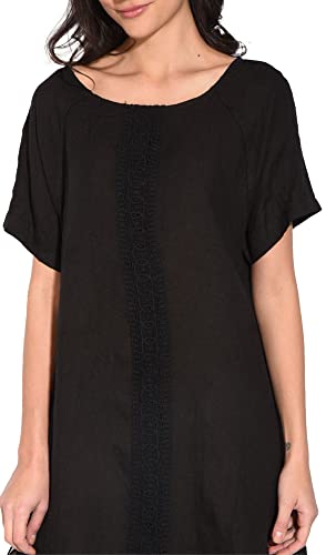 Sukienka damska 100% lniana Made in Italy, długa sukienka z okrągłym dekoltem, z przodu z krótkim rękawem, biała, rozmiar: M, biały, M