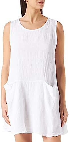 Bonateks, Krótka sukienka z zawiniętym okrągłym kołnierzem i kieszeniami, 100% len, rozmiar DE:44 rozmiar US: XL, biała - wyprodukowano we Włoszech, biały, 44