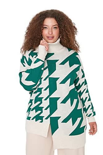 Trendyol Damska bluza z golfem w pepitkę oversize plus size sweter, ZIELONY, 5XL