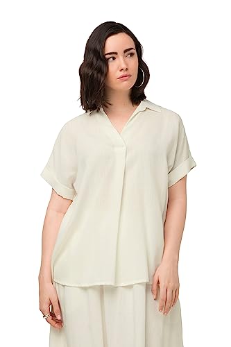 Ulla Popken 792090 damska bluzka duże rozmiary plus size, guziki na plecach, oversize, ozdobna fałda, półrękaw, śnieżnobiały, 42-44