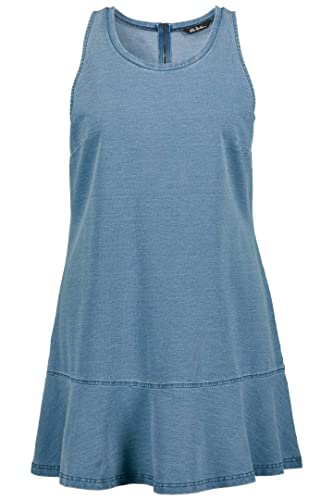 Ulla Popken Damska sukienka dżinsowa, obszycie, linia A, okrągły dekolt, sukienka bez rękawów, jasnoniebieska, 50/52