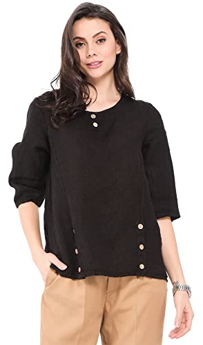 Bonateks damska tunika top 100% lniana Made in Italy, okrągły dekolt z guzikami i półrękawami, czarna, rozmiar: XL, czarny, XL