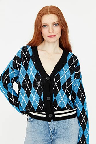 Trendyol Damski sweter kardigan z dekoltem w szpic, z diamentowym wzorem, czarny, S, Czarny, S