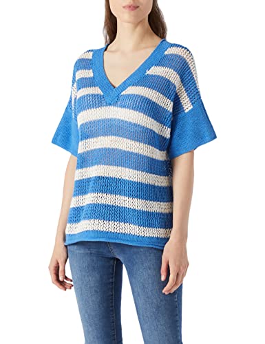 United Colors of Benetton Damski sweter Maglia Scollo V M/M 135ge101h Sweter biały i jasnoniebieski w paski 902, S